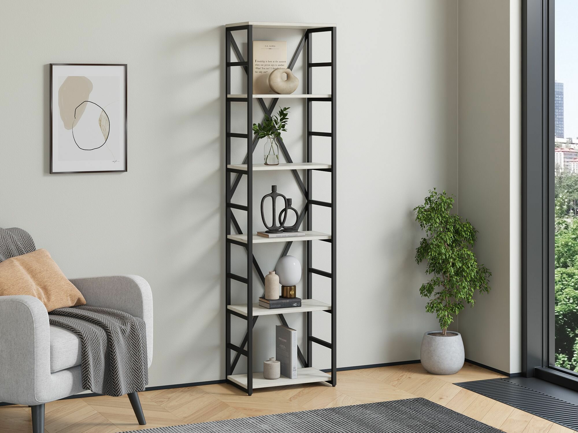 Стеллаж Айсберг Лофт 40/6-2 Черный с полками дуб крафт белый