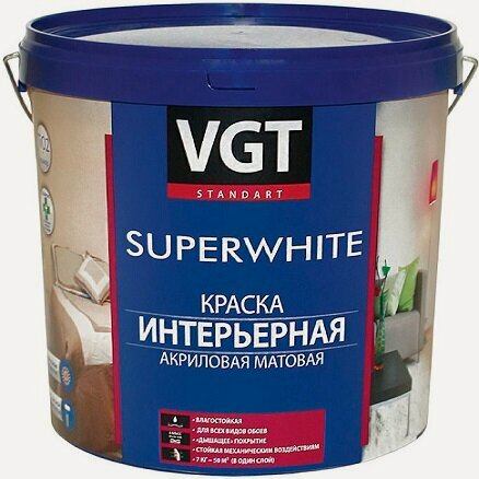 Изображение товара Краска Интерьерная, Влагостойкая VGT Superwhite ВД-АК-2180 7кг Супербелая, Матовая для Стен и Потолков.