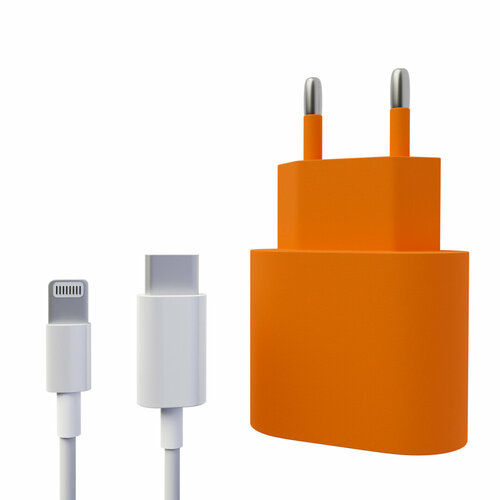Сетевое зарядное устройство LIDER для айфона 20 Вт + кабель в комплекте / Быстрая зарядка 20 W для iPhone iPad AirPods, матовый оранжевый