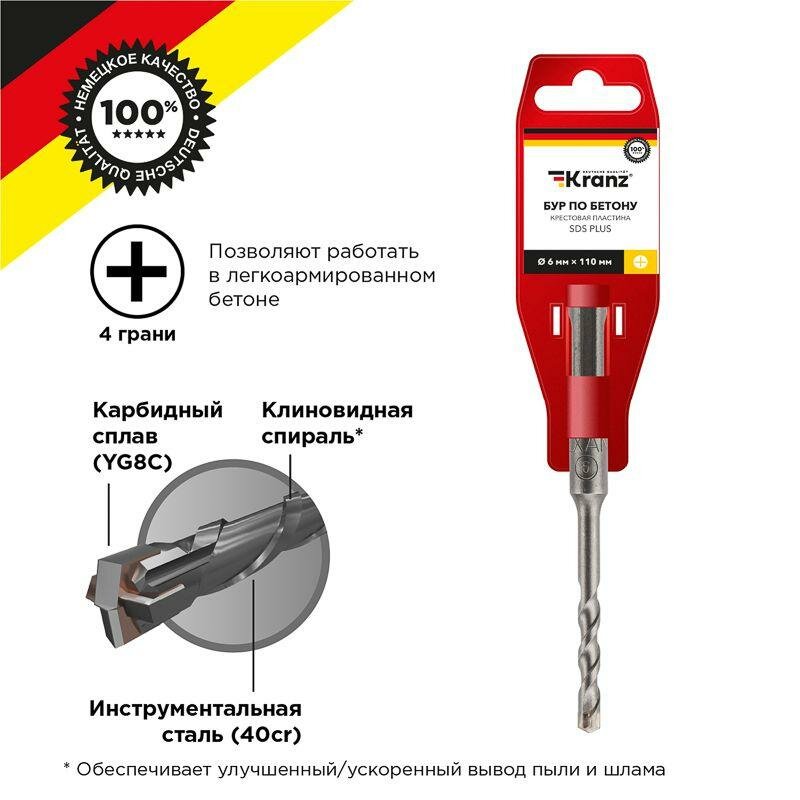 Бур по бетону 6х110мм крестовая пластина SDS PLUS Kranz KR-91-0801