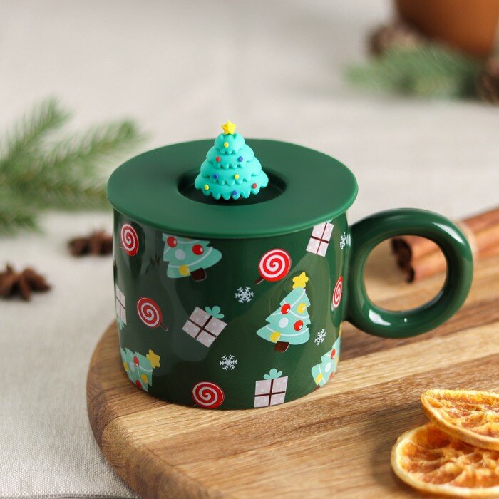 фото Кружка с силиконовой крышкой "Елочка" 350мл, 15х9,5х8см 9624086