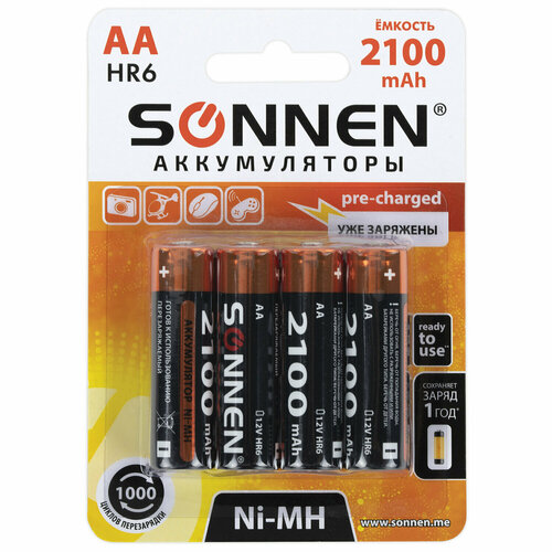 Батарейки аккумуляторные комплект 4 шт, АА (HR6), 2100 mAh, SONNEN Ni-Mh, в блистере, 455606