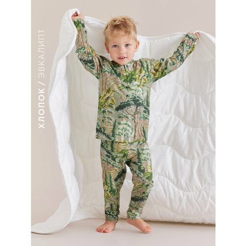 Пижама Happy Baby для девочек, брюки, лонгслив, без капюшона, рукава с манжетами, брюки с манжетами, размер 80-86, зеленый, бежевый