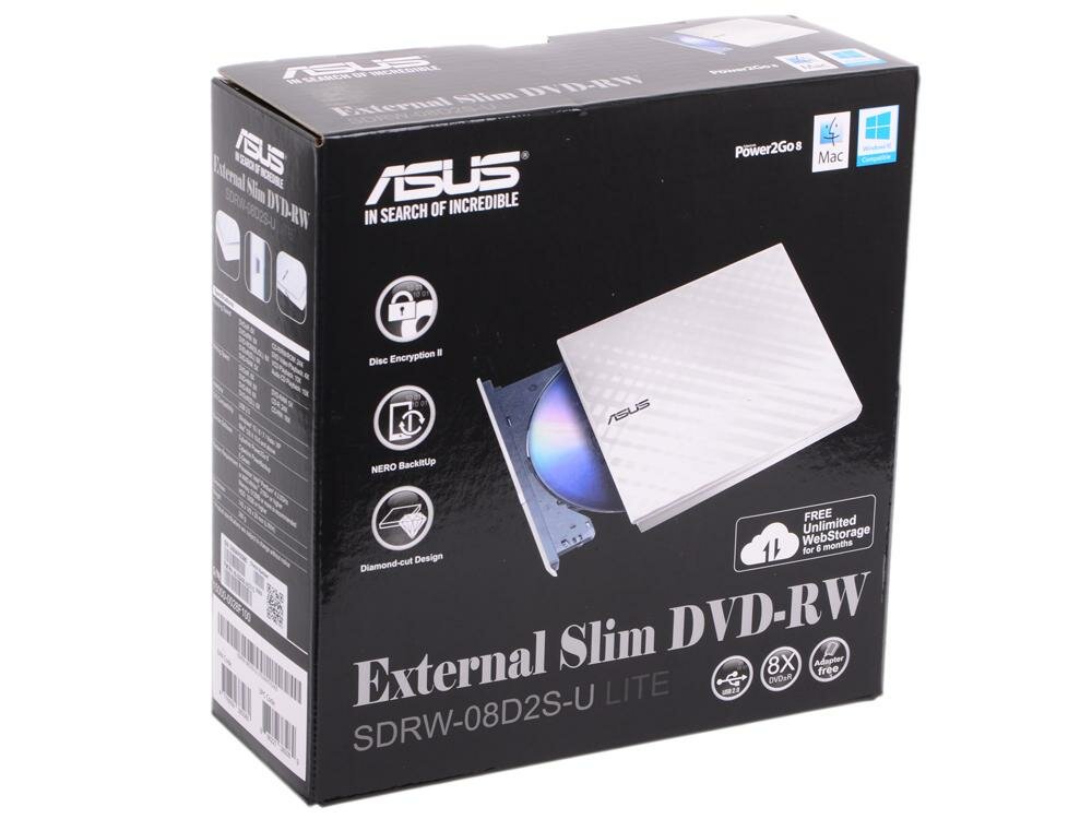 Оптический привод DVD-RW ASUS SDRW-08D2S-U, внешний, USB, белый, Ret [sdrw-08d2s-u lite/wht/g/as] - фото №20