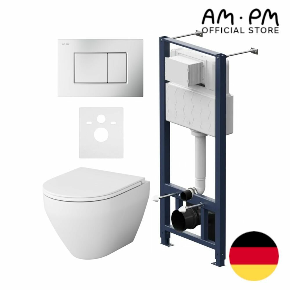 фото Инсталляция с подвесным унитазом AM.PM Jump, механическая кнопка Jump S хром, безободковый, сиденье микролифт, шумоизоляция, крепления,