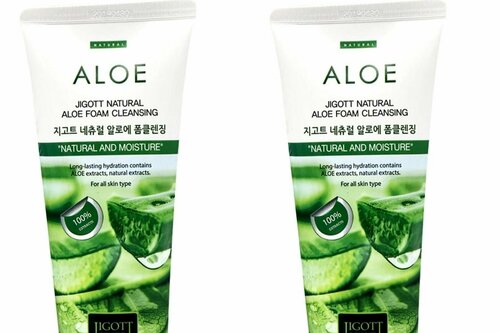 Jigott Пенка для лица Natural aloe foam cleansing, с экстрактом алоэ, очищающая, 180 мл, 2 шт.