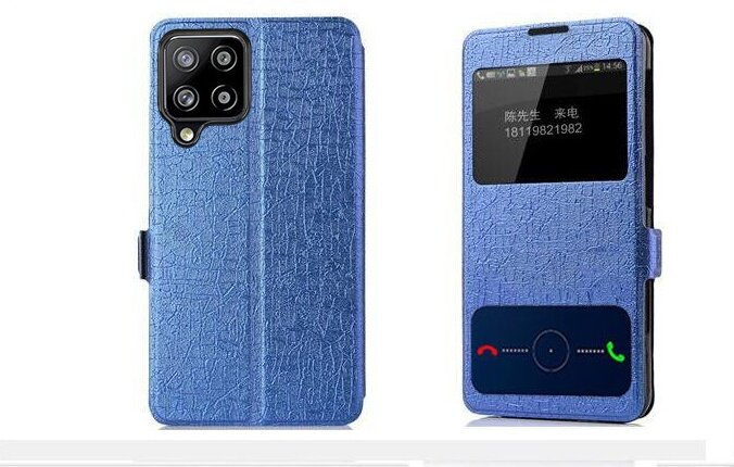 Чехол-книжка MyPads для Samsung Galaxy M33 с окном вызова предпросмотра и свайпом позволяет отвечать на звонки и сообщения не открывая крышку синий