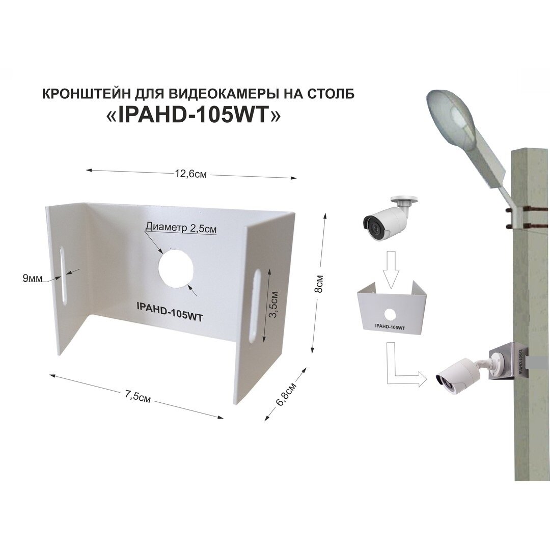 Кронштейн мини для камеры видео наблюдения на столб "IPAHD-105WT-202364" крепится СИП-лентой