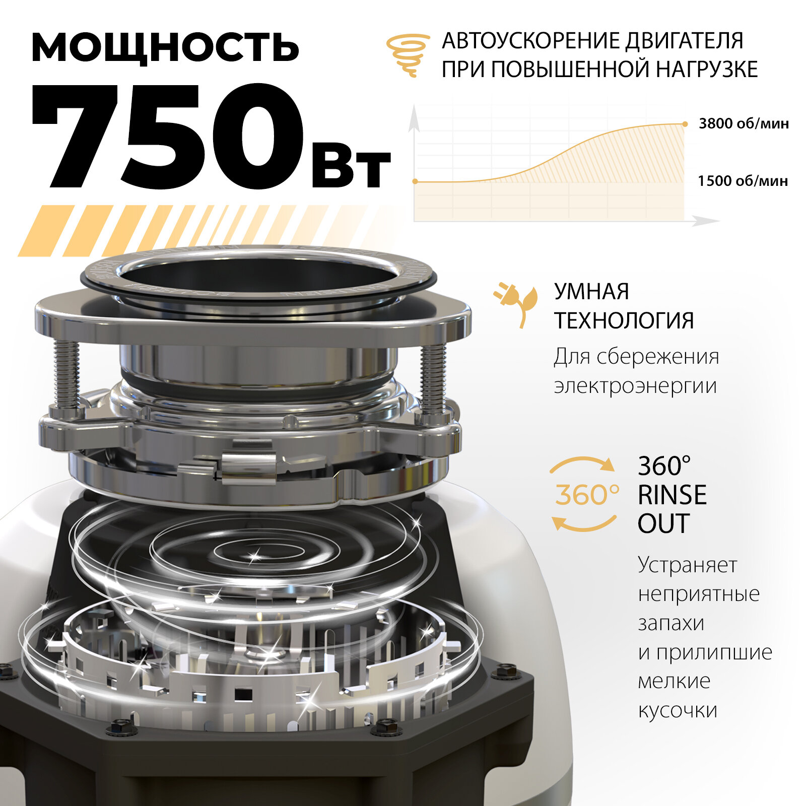 Измельчитель пищевых отходов BOUSEN Disposer Ultimate, кухонный, электрический для раковины