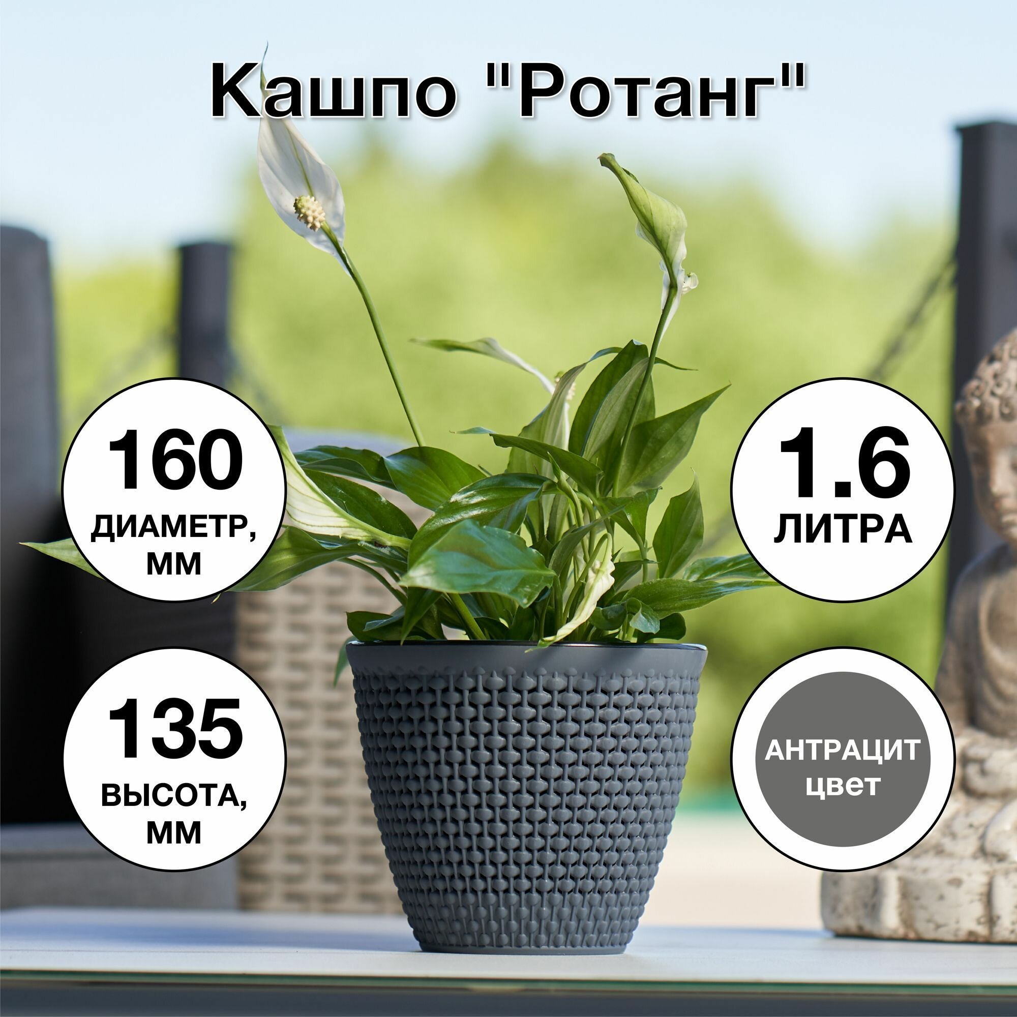 Кашпо ø16 h13.5 см v1.6 л пластик антрацит Без бренда - фото №6
