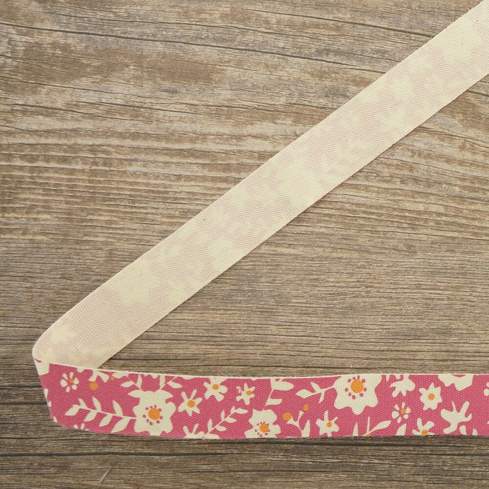 Лента хлопковая HEMLINE "Bowtique", Цветы: розовый с оранжевым, 5 м, на картонной катушке