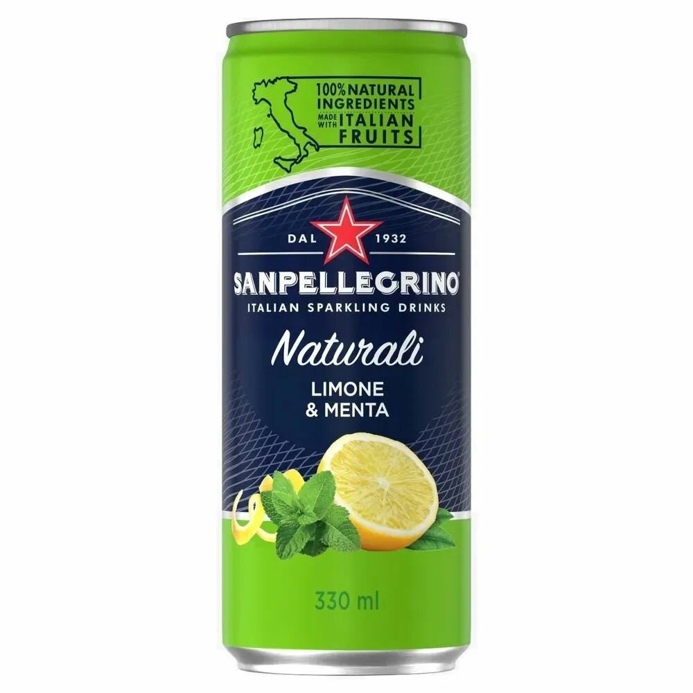 Лимонад San Pellegrino Сан Пеллегрино Лимон и Мята, в жестяной банке, 6 шт х 330 мл — фото 1