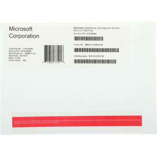 ПО Microsoft Windows Server CAL 2022 English 1pk DSP OEI 5 Clt User CAL (R18-06466) windows server 2022 rds user cal 50 пользователей