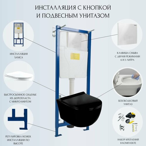 Готовый набор подвесного унитаза: инсталляция Sanica с белой панелью смыва + унитаз Loranto Canto CS-203HM-MB