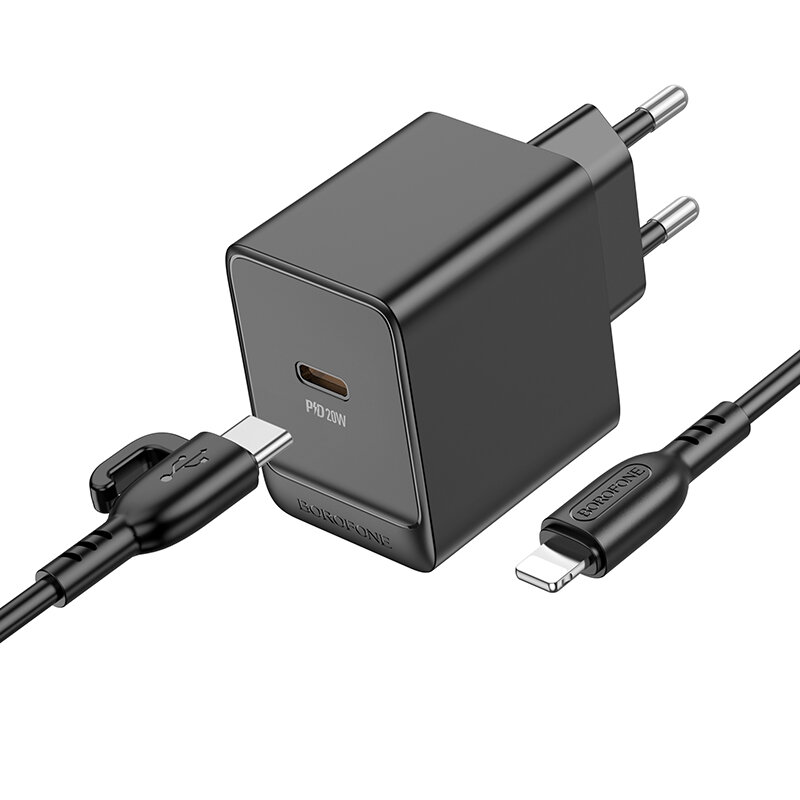 Сетевое зарядное устройство 1USB-C 3.0A PD 20W быстрая зарядка для Lightning 8-pin - Type-C Borofone BAS13A 1м Black