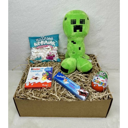 Подарочный набор, бокс, Мягкая игрушка Крипер из Minecraft 25 см, сладости Kinder шоколад, яйцо, маршмеллоу, BabyFox
