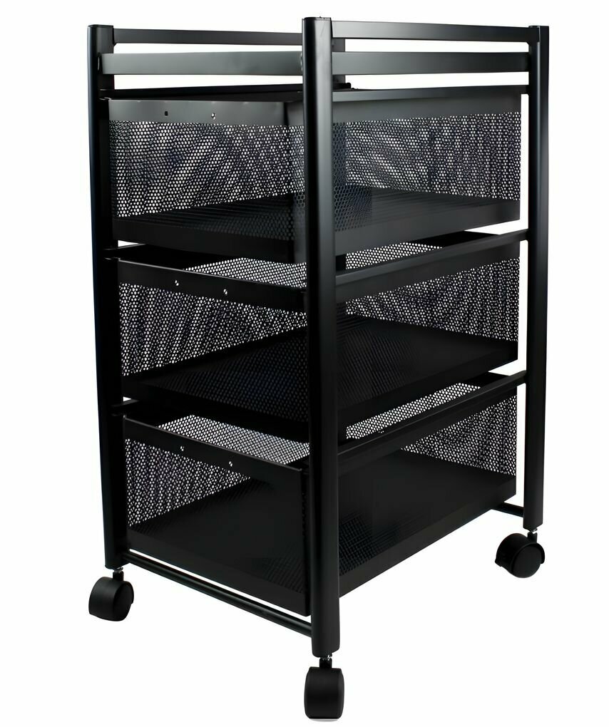 фото Этажерка металлическая 3-х ярусная на колесах с выдвижными корзинами