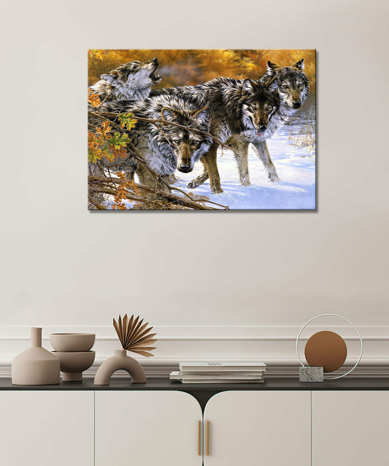 фото Картина на холсте для интерьера - стая волков в лесу, серые волки зима 20х30