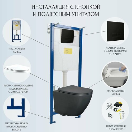 Готовый набор подвесного унитаза: инсталляция Sanica с черной панелью смыва + унитаз Zandini Garda-Grey Z19-05G
