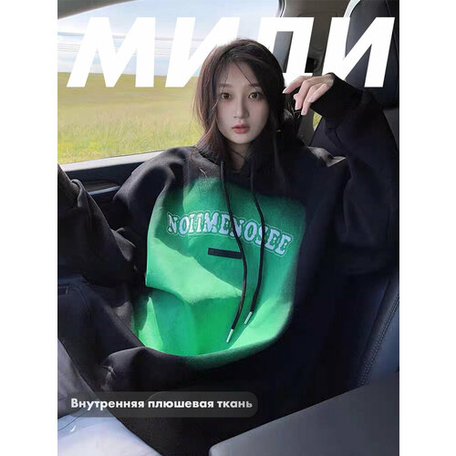 фото Толстовка миди, размер оверсайз, зеленый, черный