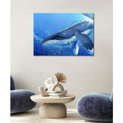 Картина - кит, арт, синий кит, большой кит, кит в океане, кит и женщина (17) 50х70