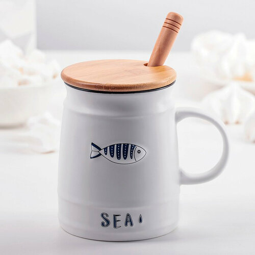 Кружка керамическая «Море» с деревянной крышкой и ложкой 400 мл