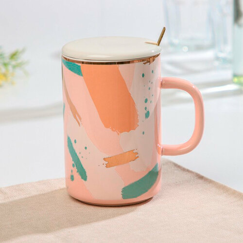 Кружка керамическая с крышкой и ложкой 350мл 12*8*8см