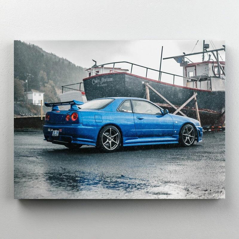 Интерьерная картина на холсте "JDM авто у корабля - Nissan Skyline GT-R" размер 30x22 см