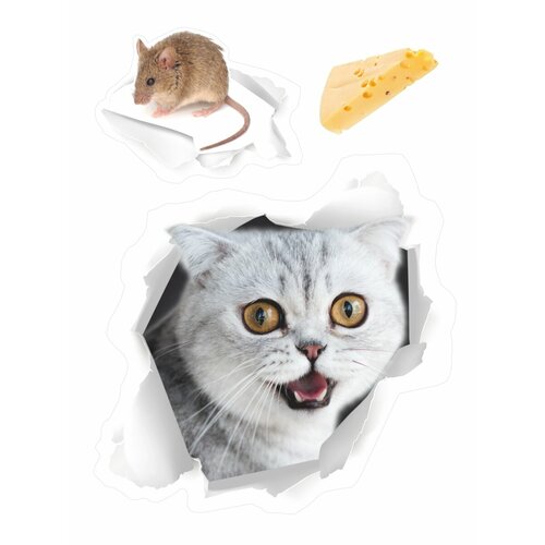 Наклейка интерьерная "Кот, мышь и сыр", на холодильник, на унитаз, на дверь, на шкаф, на кухню