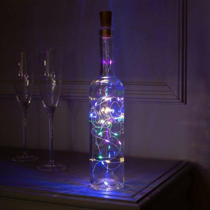 Гирлянда нить на батарейках роса с пробкой Мульти, прозрачная (AG13x3) 2.0м.