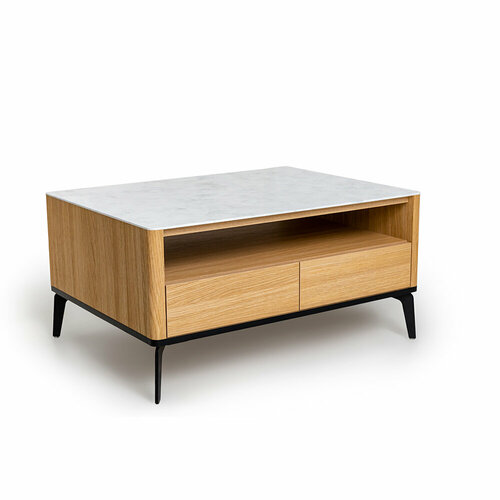 Журнальный стол цвет корпуса дуб натуральный, цвет топа белый мрамор, (Габариты: 950 x 700 x 490 mm)