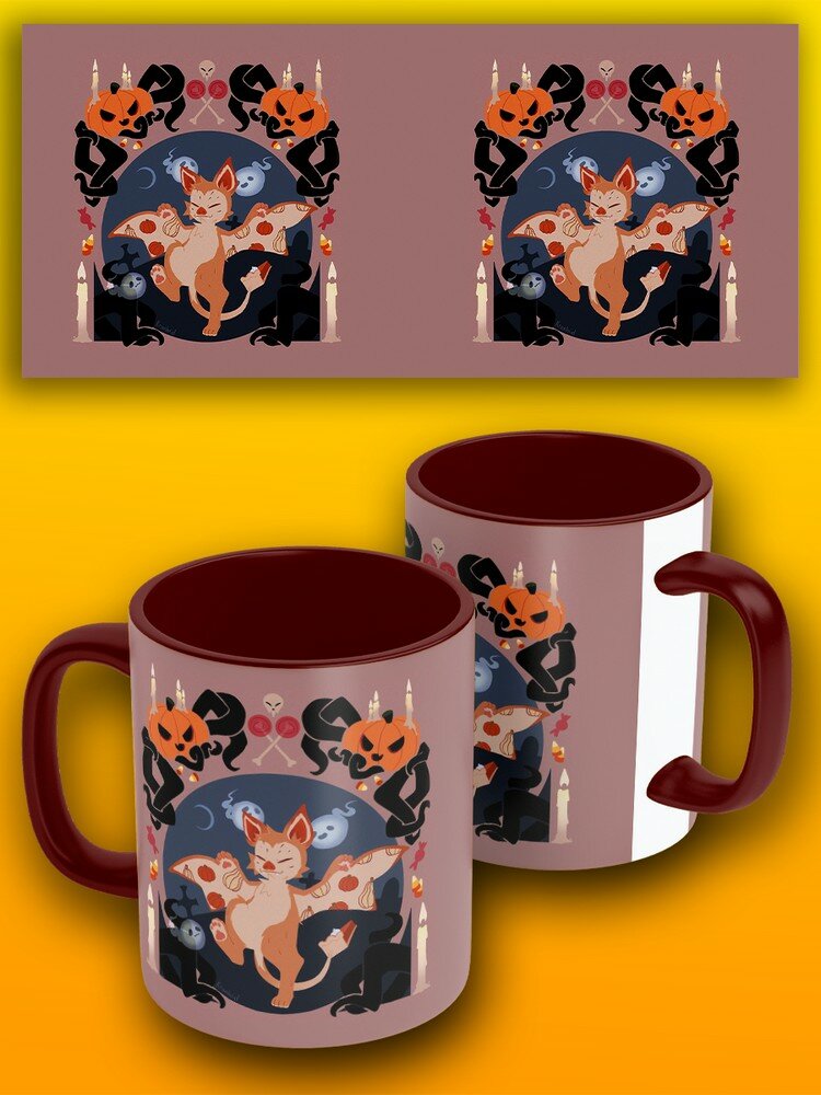 Кружка темно-красная осень хэллоуин (тыква, котик, милота, ведьмы) - 17683