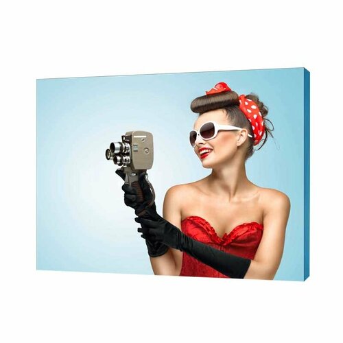Картина на холсте Девушка и ретро-камера 100х80 см