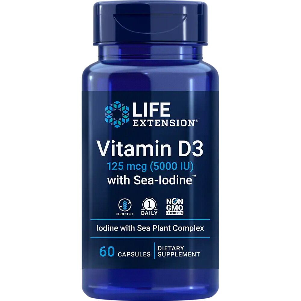 Life Extension Vitamin D3, 125 мкг (5000 МЕ) with Sea-Iodine™ / 60 капсул гелевых