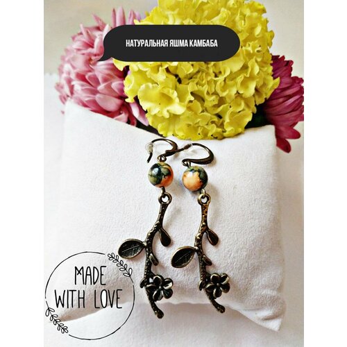 Серьги с подвесками  яшма камбаба, яшма, размер 63 мм, зеленый, розовый