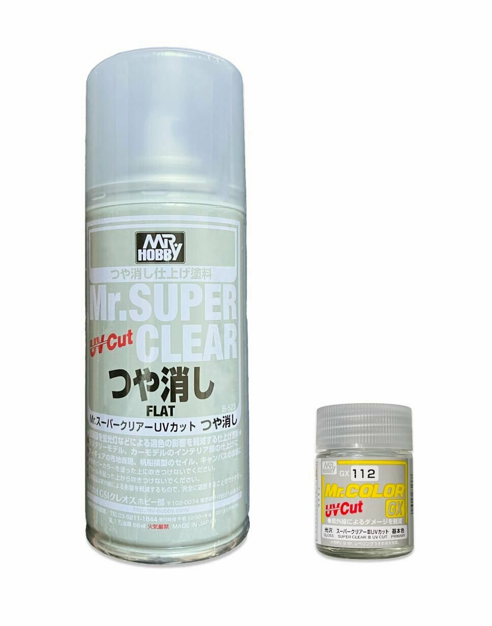 Набор лак-спрей Mr. Hobby Super Clear матовый c УФ-фильтром 523 ( клир) + глянцевый лак Mr. COLOR GX112