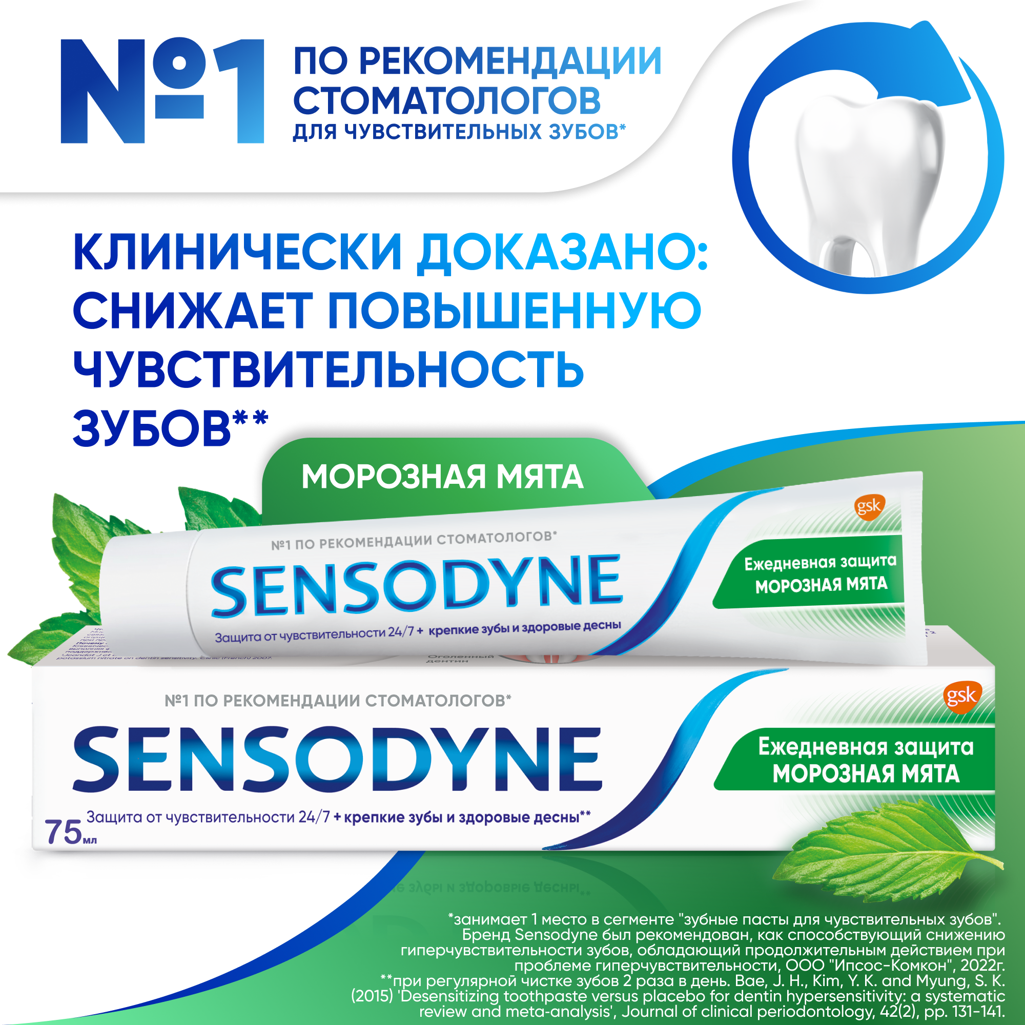 Зубная паста Sensodyne Ежедневная Защита Морозная мята с фтором, для снижения чувствительности зубов и защиты от кариеса, 75 мл