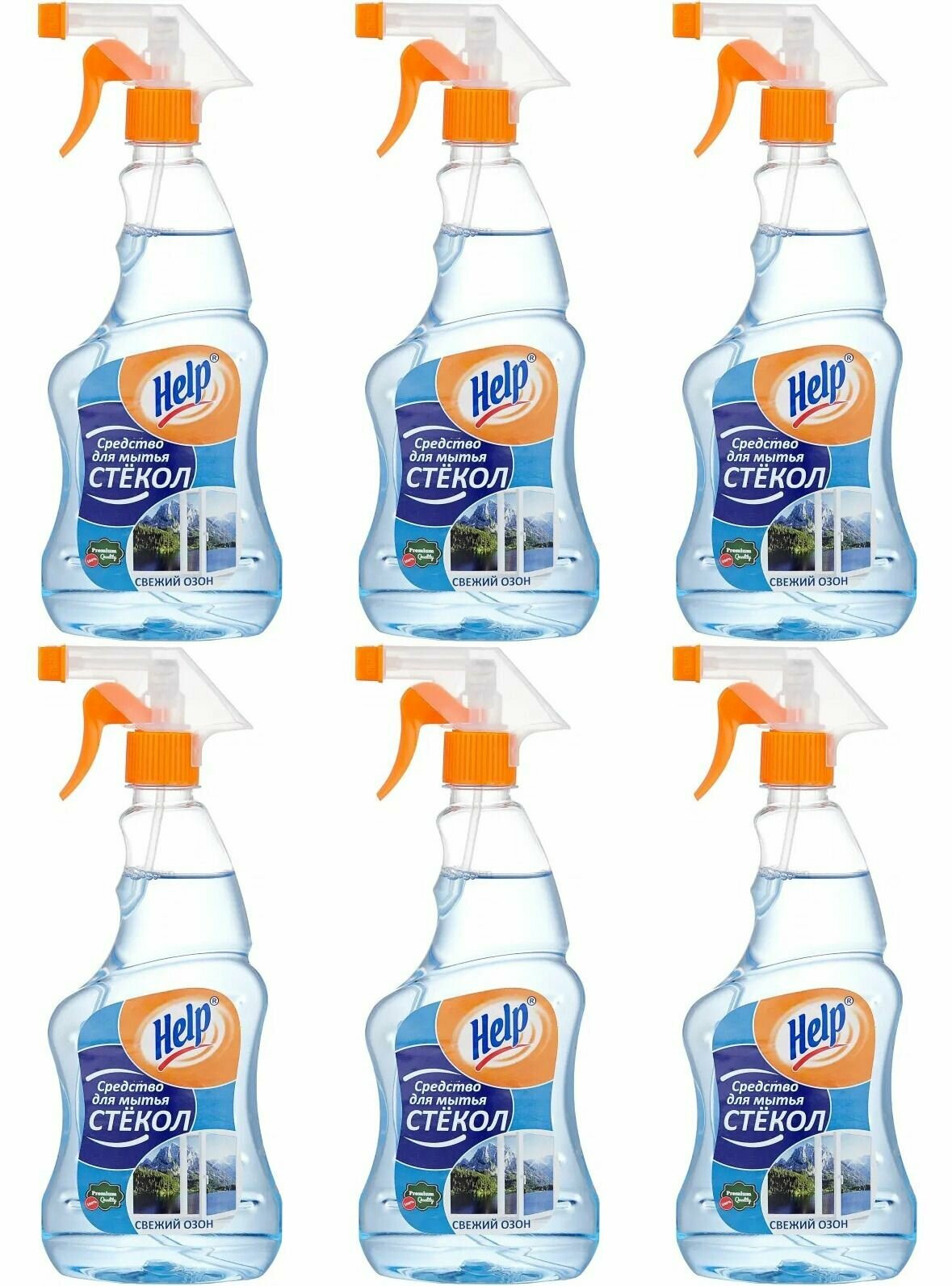 Help Средство для мытья стекол Свежий озон, с распылителем, 500 мл, 6 шт
