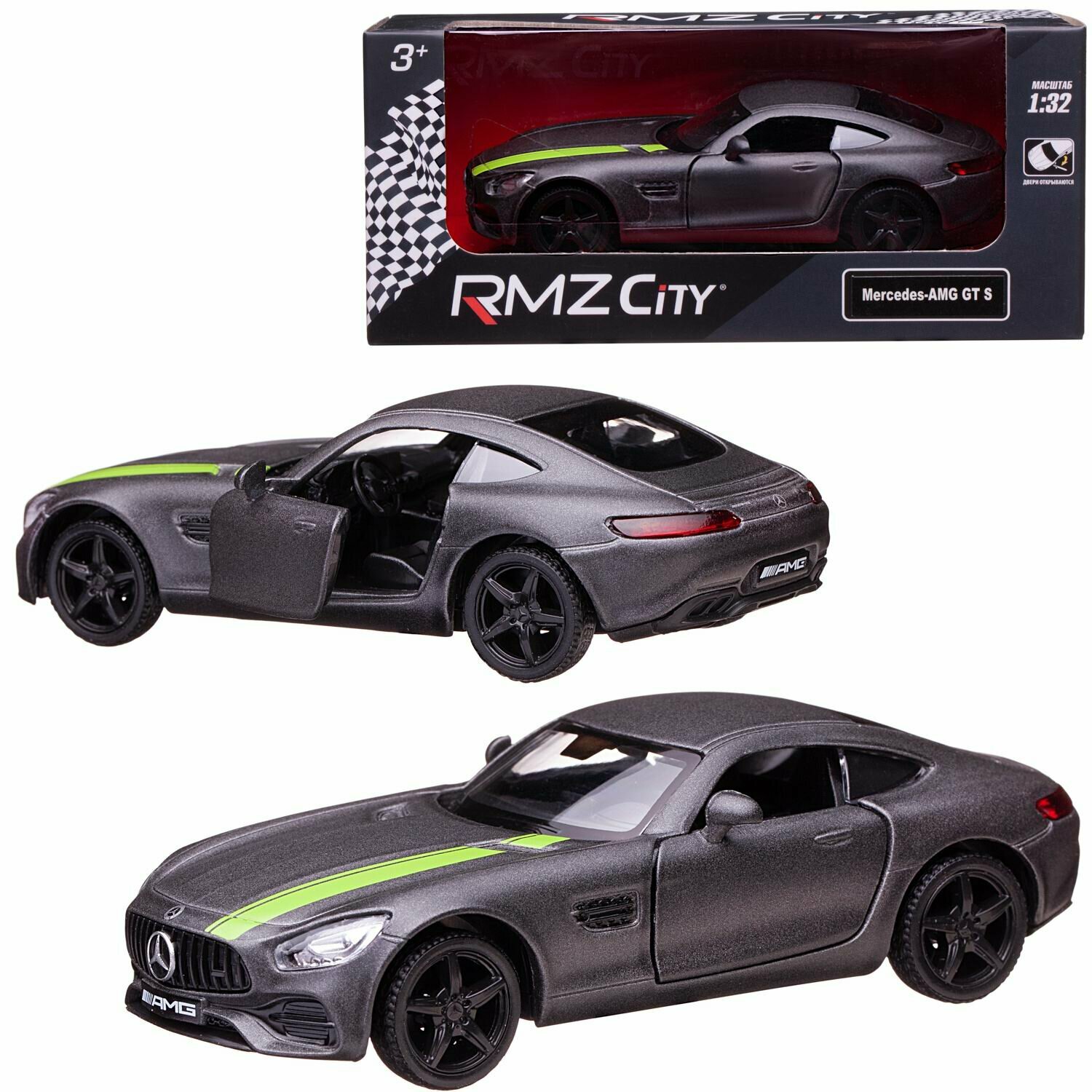 Машинка металлическая Uni-Fortune RMZ City серия 1:32 Mercedes-Benz GT S AMG 2018, инерционная, цвет серый матовый с полосой, двери открываются