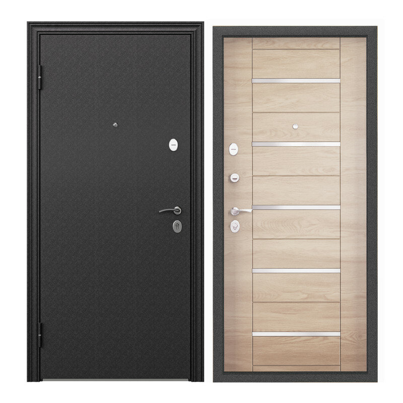 Дверь входная для квартиры Torex Flat-M 860х2050 левый, тепло-шумоизоляция антикоррозийная защита замки 4-го и 2-го класса, черный/бежевый - фотография № 1