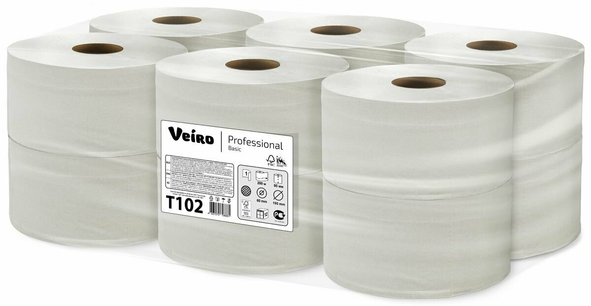 Бумага туалетная Veiro Professional Basic T102, однослойная, 12 рулонов по 200 м