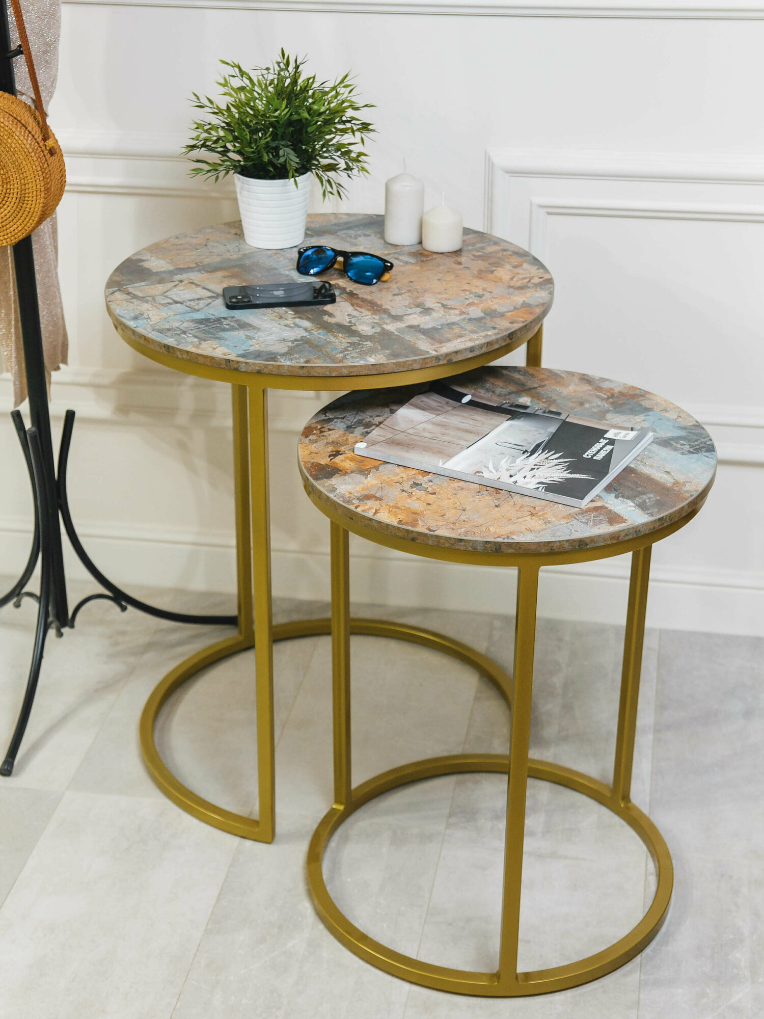 фото Стол кофейный журнальный, столик двойной круглый высокий, комплект столиков