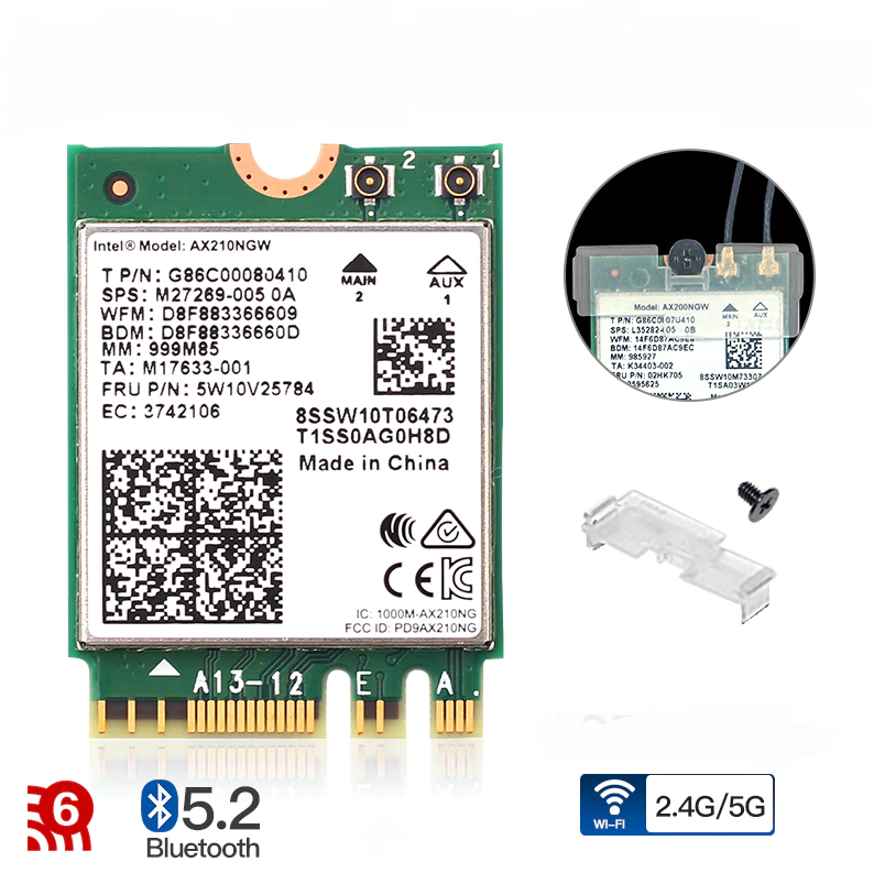 Wi-Fi + Bluetooth Intel AX210NGW 2,4Ghz + 5Ghz + 6Ghz M.2 + 2 съемные антены + установка в ПК (NGFF)