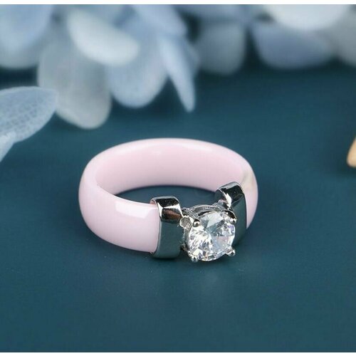 фото Кольцо, циркон, керамика, размер 20, серебряный, розовый napela