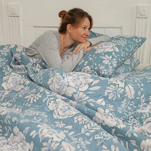 Комплект постельного белья одеяло-покрывало 2-спальный спал спалыч бязь Цветы голубой/ наволочки 70*70/на дачу