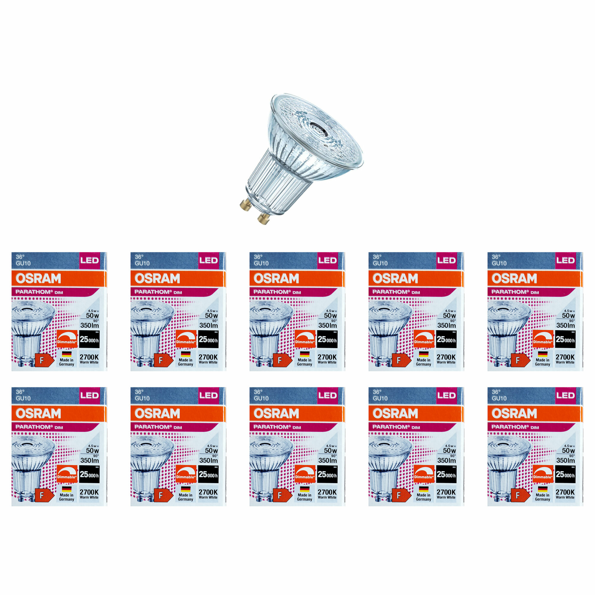 Лампочка светодиодная OSRAM Софит PAR16 GU10 4,5Вт 220В 350Лм 2700К Теплый белый Диммируемая, упаковка 10шт