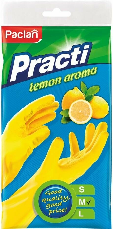 Перчатки хозяйственные латексные хлопчатобумажное напыление размер M (средний) желтые с ароматом лимона PACLAN 