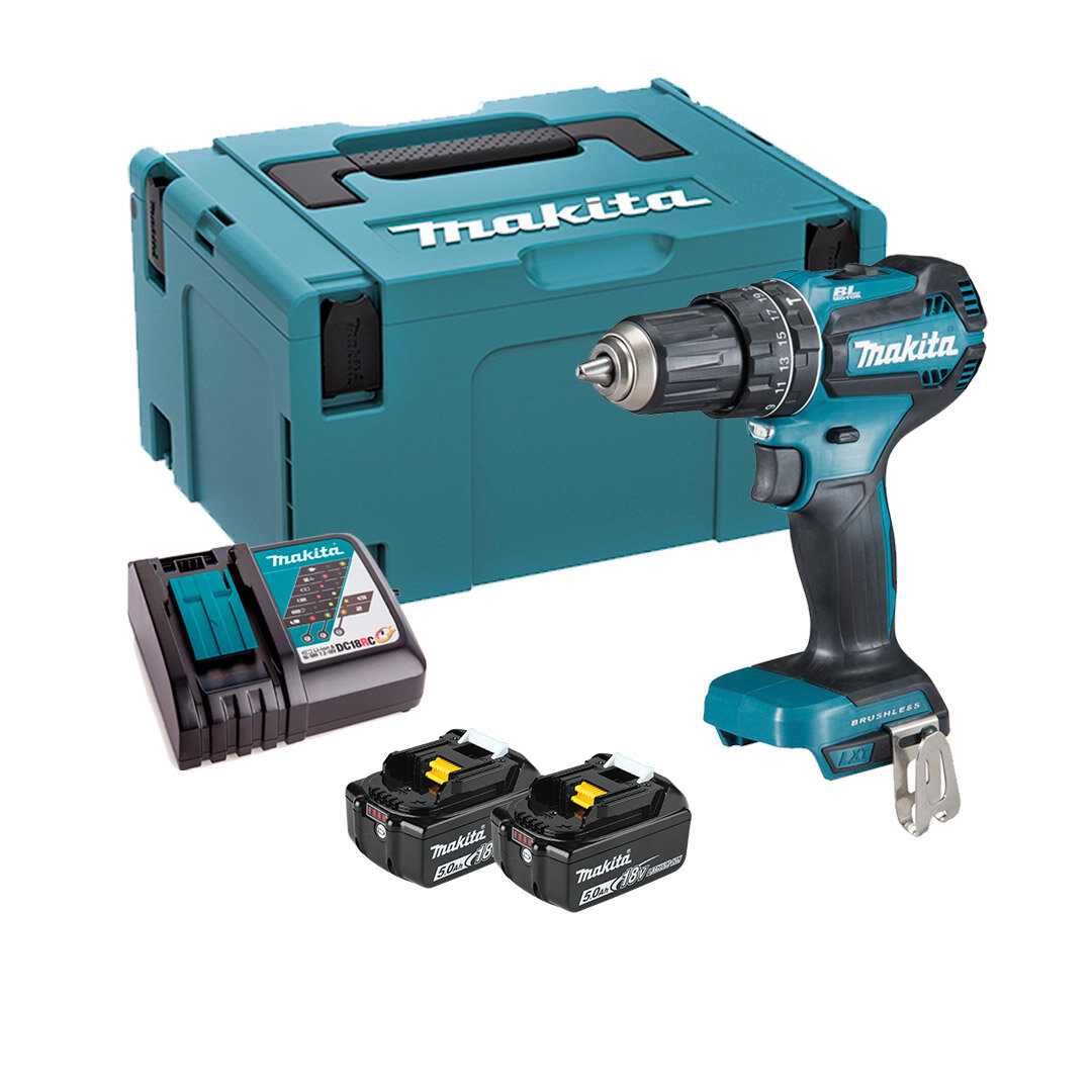 Makita DHP485RTJ Дрель-шуруповерт аккумуляторная бесщеточная ударная, 18 В Li 2x5 Ач