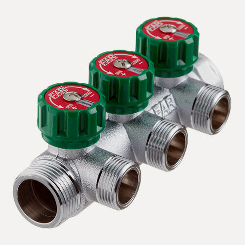 Изображение товара Коллектор FAR 1"х3/4" 3 выхода под плоскую прокладку хромированный с вентилями