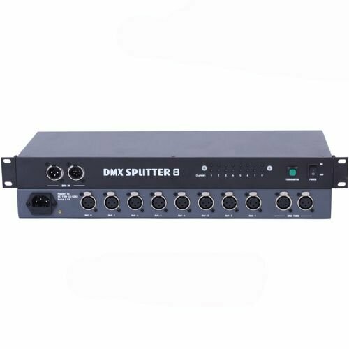 DS-8 Сплиттер DS-8 Сплиттер цифрового сигнала DMX512 1 вход, 8 выходов. Вес 2,3 кг. Габариты 482 X 170 X 44мм